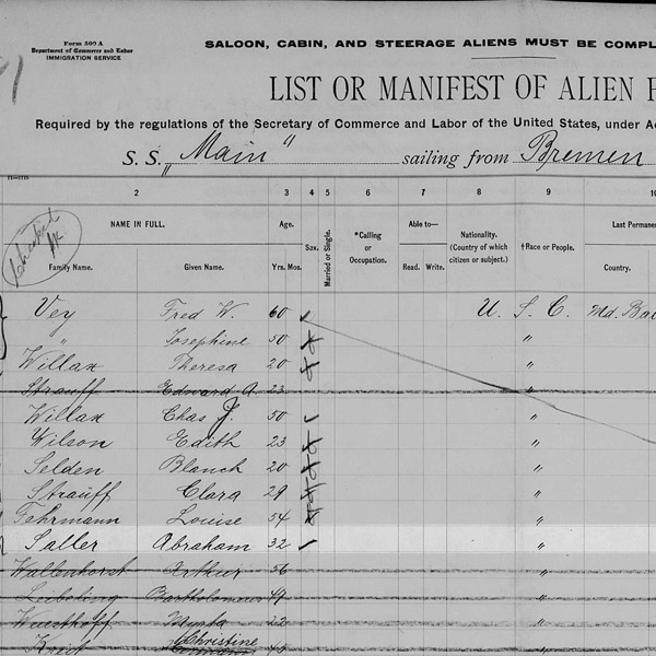 1908 S.S. Maine manifest from Bremen to Baltimore