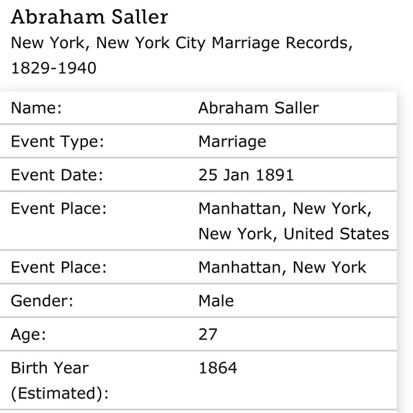 Abraham Saller New York City<br/>Marriage Record 25 Jan 1891