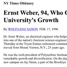 Ernst Weber, 94, Who Oversaw Polytechnic University's Growth